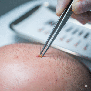 Gros plan du processus d'implantation de follicules pileux par technique FUE dans une zone de calvitie avancée.