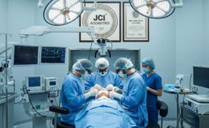 Salle d'opération stérile et certifiée pour greffe de cheveux, mettant en évidence les normes d'hygiène.