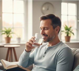 Patient gérant le stress et s'hydratant correctement (eau) dans le cadre de sa préparation mentale et physique préopératoire avant l'intervention.
