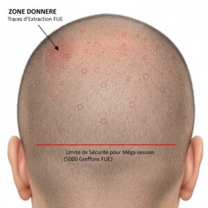 Schéma illustrant le risque de sur-extraction dans la zone donneuse après une **greffe de cheveux 5000 greffons FUE