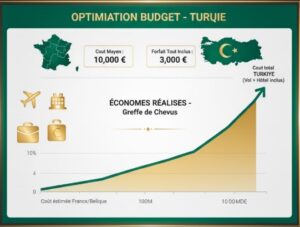 Graphique financier affichant le pourcentage d'économies réalisées sur le financement d'une greffe de cheveux en Turquie.