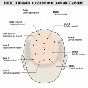 Diagramme visuel de l'Échelle de Norwood montrant le modèle de calvitie très avancée chez les hommes.