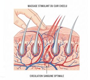 Schéma montrant comment le massage doux du cuir chevelu stimule la circulation sanguine et améliore la souplesse de la peau pour la greffe.