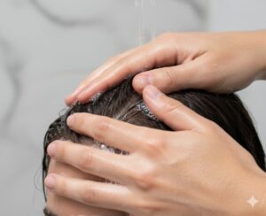 Gros plan sur une personne lavant doucement son cuir chevelu avec un shampoing neutre et sans sulfate avant la chirurgie capillaire.
