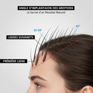 Illustration de l'angle d'implantation des follicules dans la ligne frontale : Différence d'inclinaison pour une densité et une direction de pousse naturelle après la greffe.
