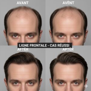 Photographie comparative d'un patient avant et après une transplantation capillaire en Turquie, montrant une haute densité et une ligne frontale naturelle pour le résultat final.