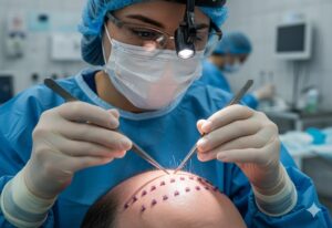 Chirurgien spécialiste en greffe capillaire FUE Saphir en Turquie, montrant la précision de l'implantation des greffons dans la zone receveuse.
