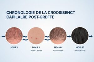 Calendrier détaillé de l'évolution et la croissance des cheveux après une greffe capillaire FUE, de la phase de shock loss au résultat final à 12 mois.