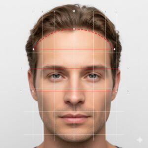 Diagramme de design de ligne frontale pour greffe capillaire : Montre les points de référence pour créer une ligne de naissance du cheveu naturelle et harmonieuse sur le visage