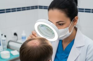 Professionnel de la santé avec des gants et une loupe examinant le cuir chevelu d'un patient lors d'une révision des soins post-opératoires.  techniques de greffe de cheveux 