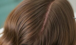 Schéma didactique montrant l'extraction discrète des follicules de la zone donneuse cachée sous des cheveux longs.