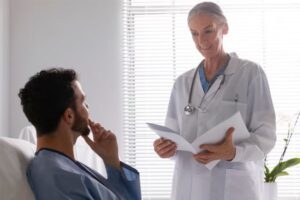 une médecin examinant un patient après une greffe capillaire
