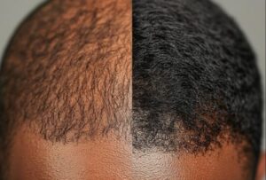 Un homme dont la racine des cheveux est noire et présente des reflets bruns