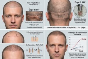 greffe combinée FUE + FUT augmente la densité capillaire en une seule séance chirurgicale complète fortement ciblée