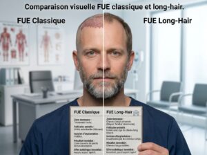 Comparaison visuelle FUE classique et long-hair