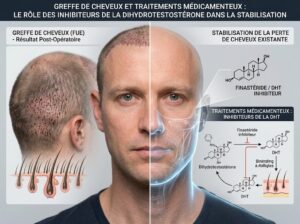 Les médicaments inhibiteurs bloquent l'action de l'enzyme responsable de la transformation de la testostérone en cette hormone agressive- Greffe de cheveux et traitements médicamenteux