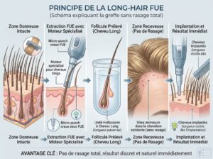 Schéma expliquant la greffe sans rasage total- Greffe capillaire longue-hair FUE
